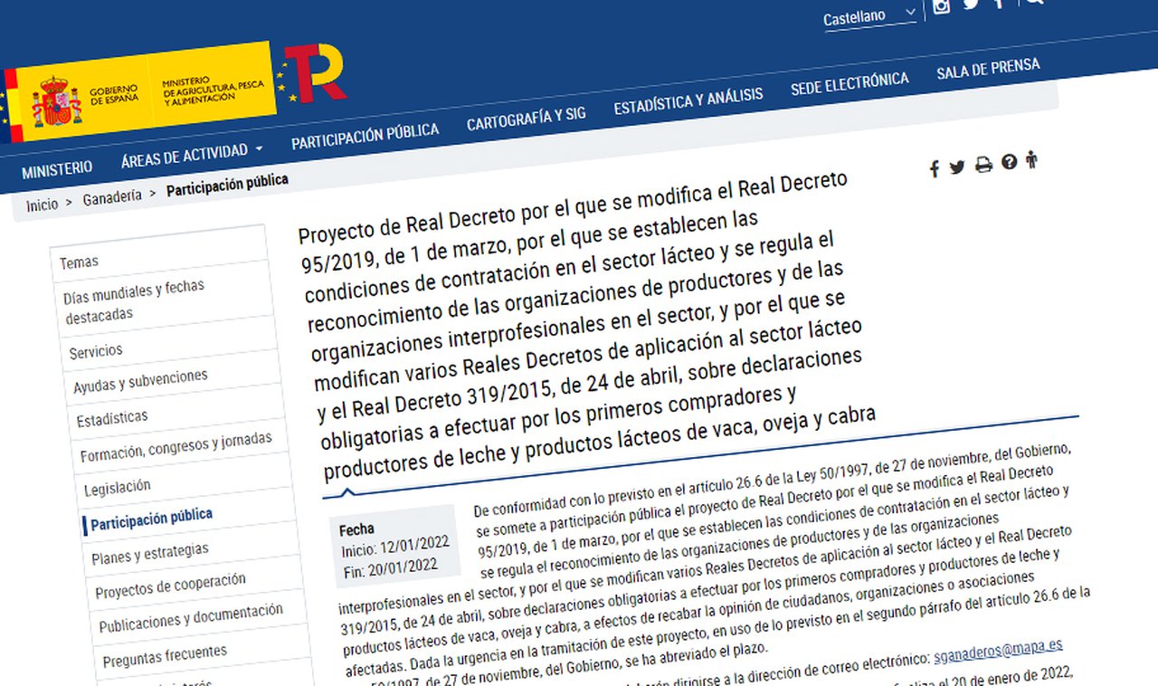 O MAPA saca a consulta pública a modificación da normativa que regula os contratos no sector lácteo