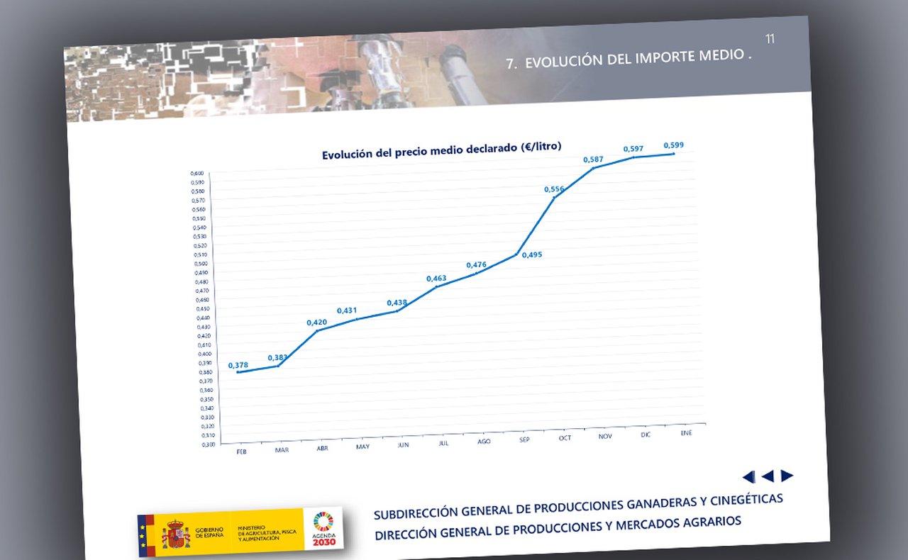 O informe mensual do MAPA abre o ano mantendo a subida dos prezos do leite