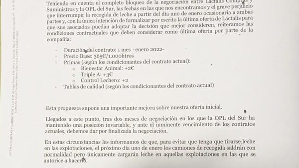 Denuncian que  Lactalis envía unha carta ameazante para que os gandeiros asinen por baixo dos custos de produción