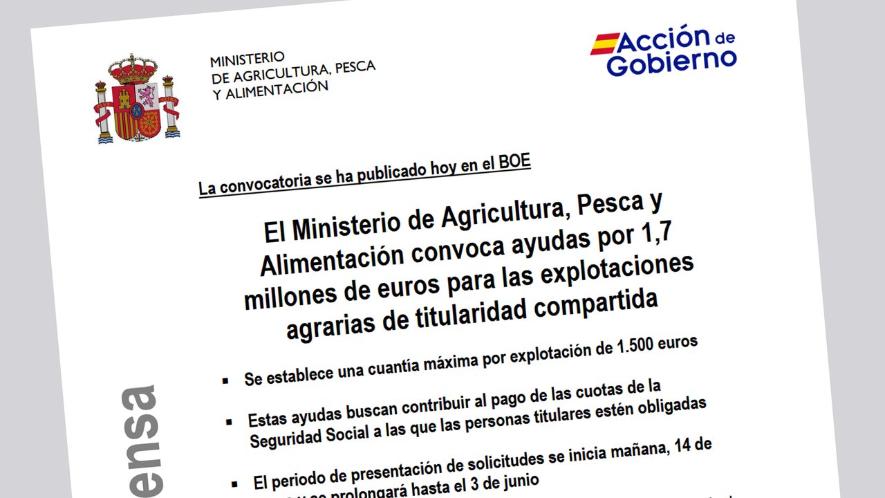 O Ministerio de Agricultura convoca axudas de 1,7 millóns de euros para explotacións agrarias de titularidade compartida