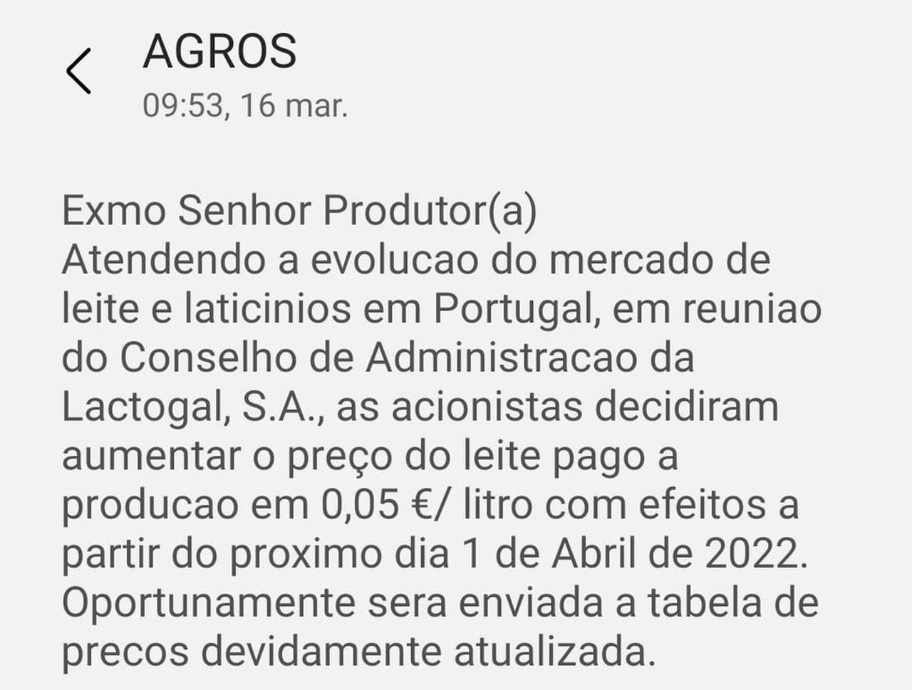 Lactogal anuncia una suba de 5 céntimos para os seus produtores de Portugal