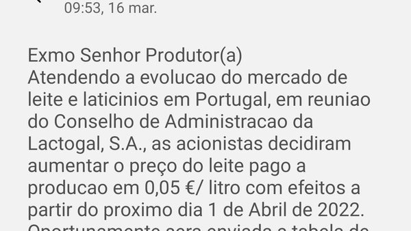 Lactogal anuncia una suba de 5 céntimos para os seus produtores de Portugal