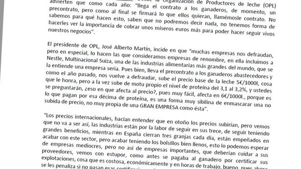 A OPL amosa o seu descontento polo trato de Nestlé aos seus gandeiros